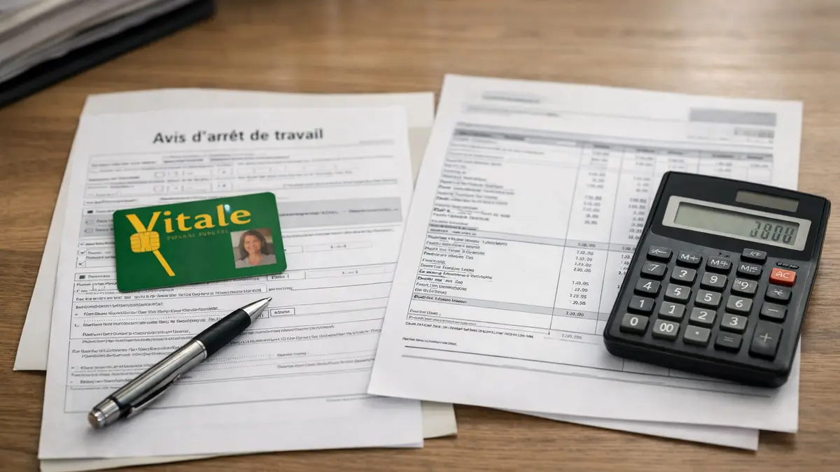 Formulaire d’arrêt de travail et calculatrice sur un bureau
