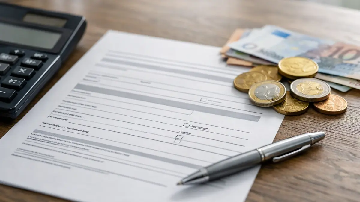 Contrat d’assurance et calculatrice avec des pièces en euros