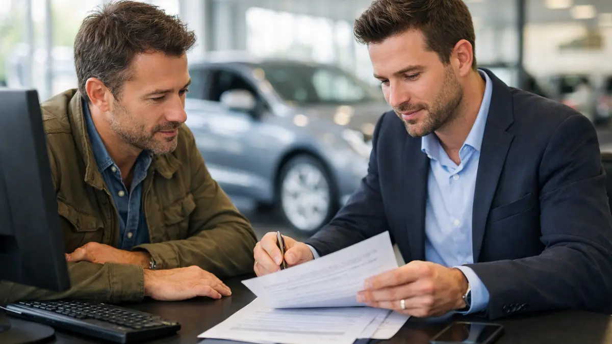 Client en concession signant un contrat de location auto