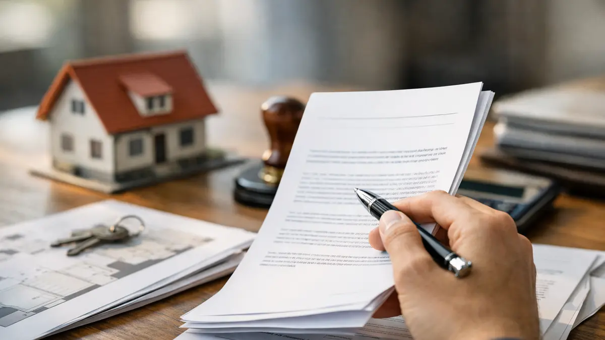 Documents de vente immobilière sur un bureau de notaire