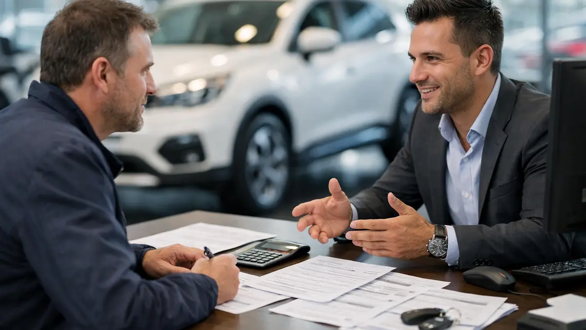Client et vendeur en concession examinant une offre de leasing
