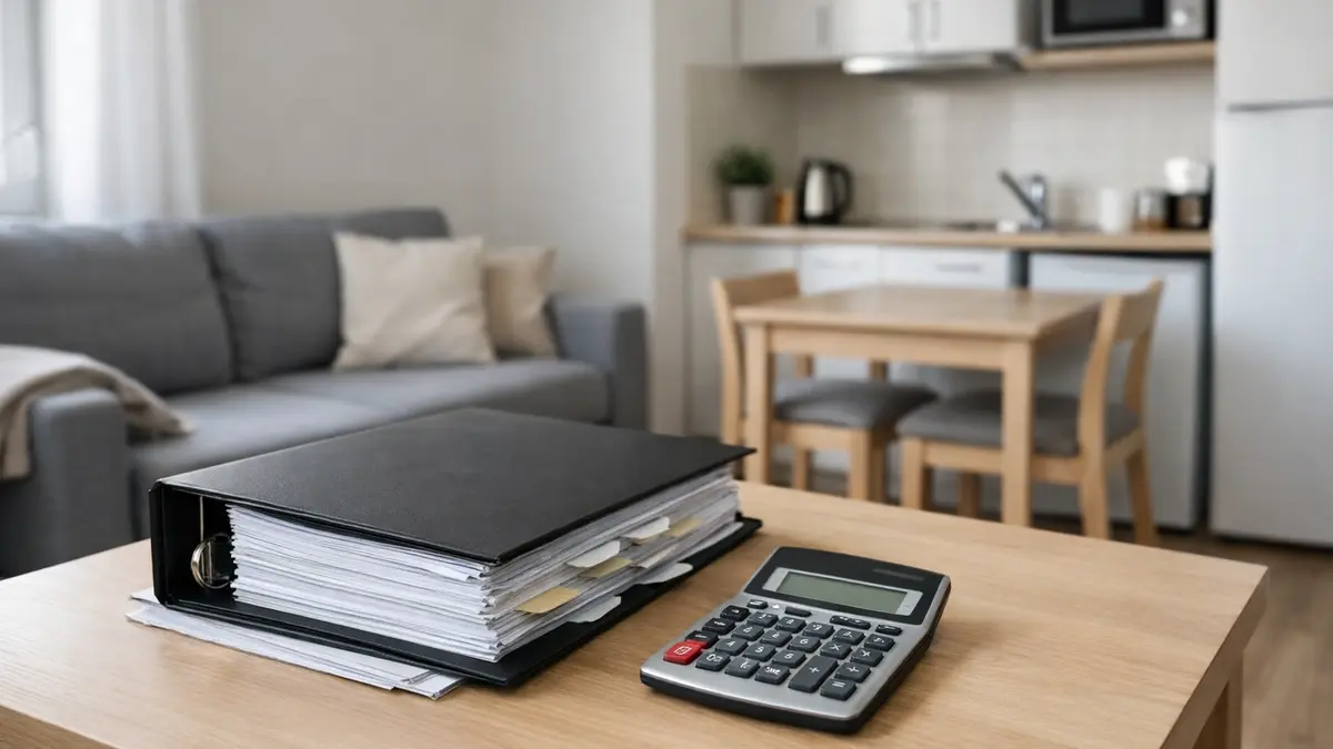 Studio meublé avec documents fiscaux et calculatrice