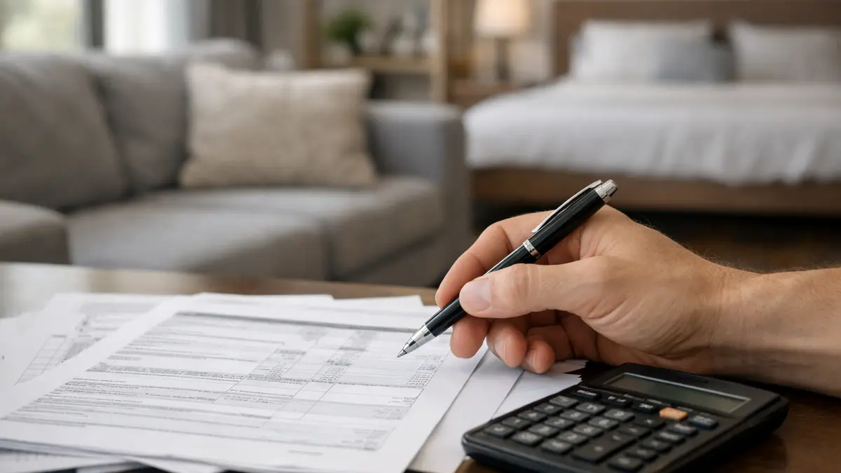 Documents fiscaux et calculatrice dans un appartement meublé
