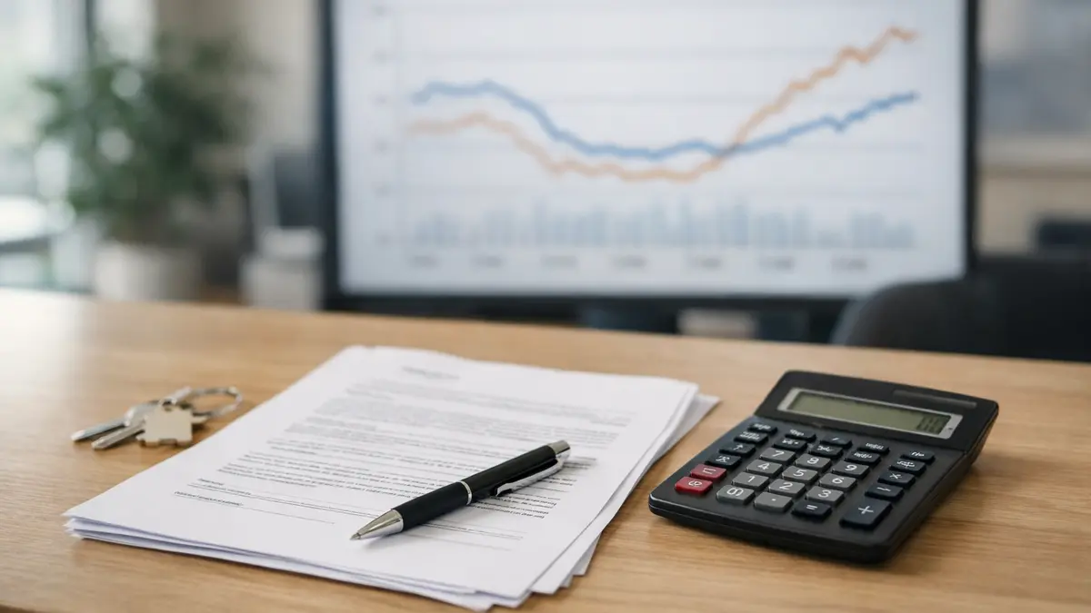 Dossier de prêt immobilier et calculatrice sur un bureau