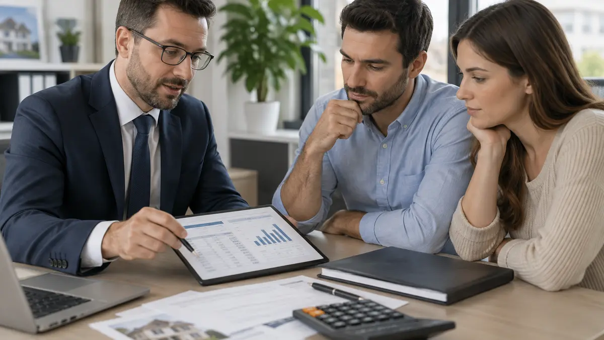 Conseiller bancaire présentant un calcul de crédit immobilier à un couple