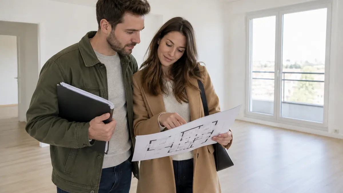 Jeune couple visitant un logement avec un dossier de pr&ecirc;t