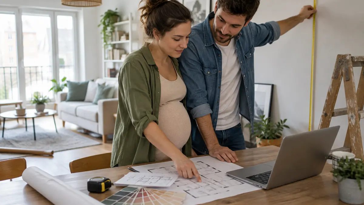 Jeunes parents préparant un projet logement avec un bébé