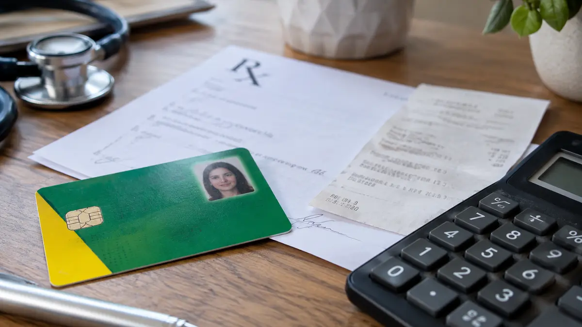Carte Vitale et documents de sant&eacute; sur un bureau