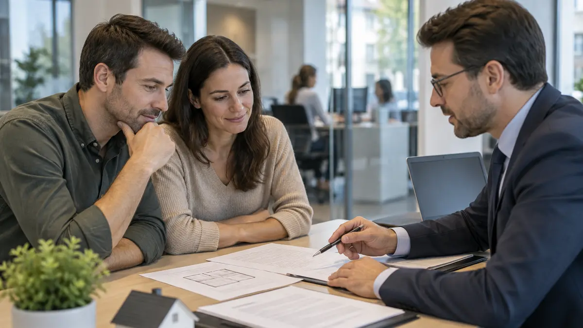 Un couple &eacute;change avec un conseiller bancaire sur un pr&ecirc;t immobilier