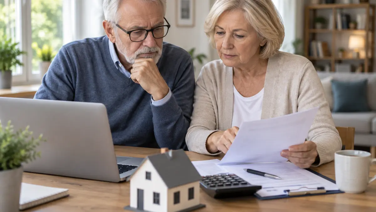 Un couple de seniors examine des documents de cr&eacute;dit &agrave; domicile