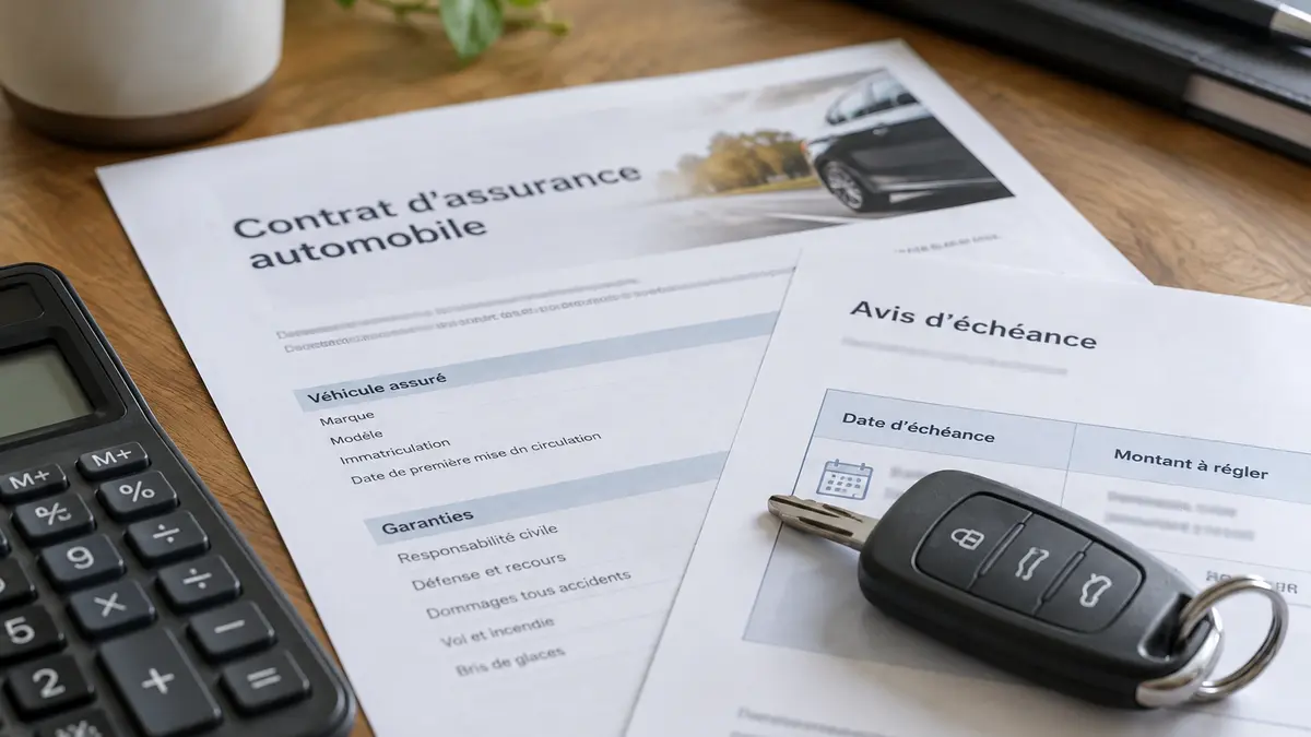 Contrat d&rsquo;assurance auto et calculatrice sur une table
