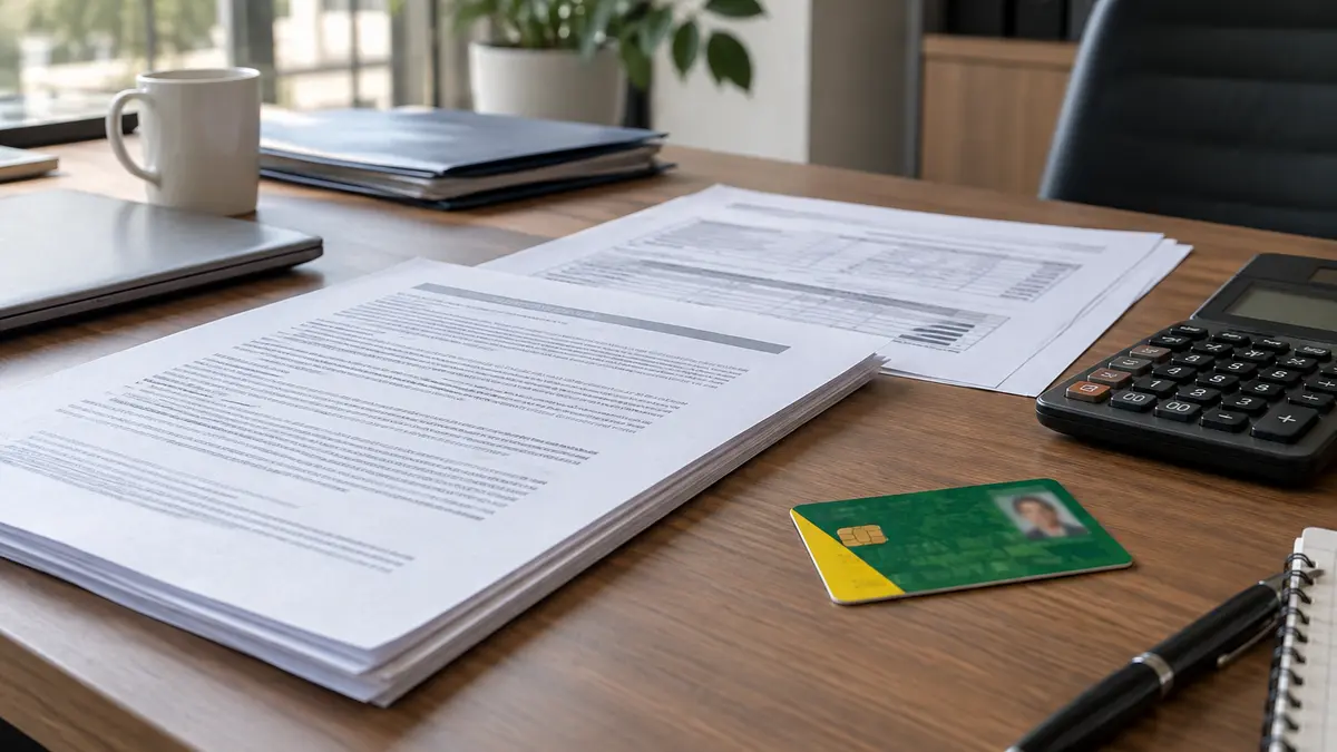 Documents budgétaires et carte Vitale sur un bureau