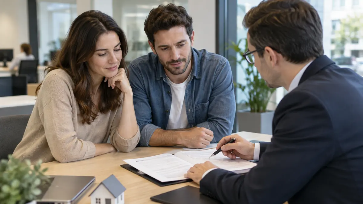 Couple en banque examinant un dossier de cr&eacute;dit immobilier