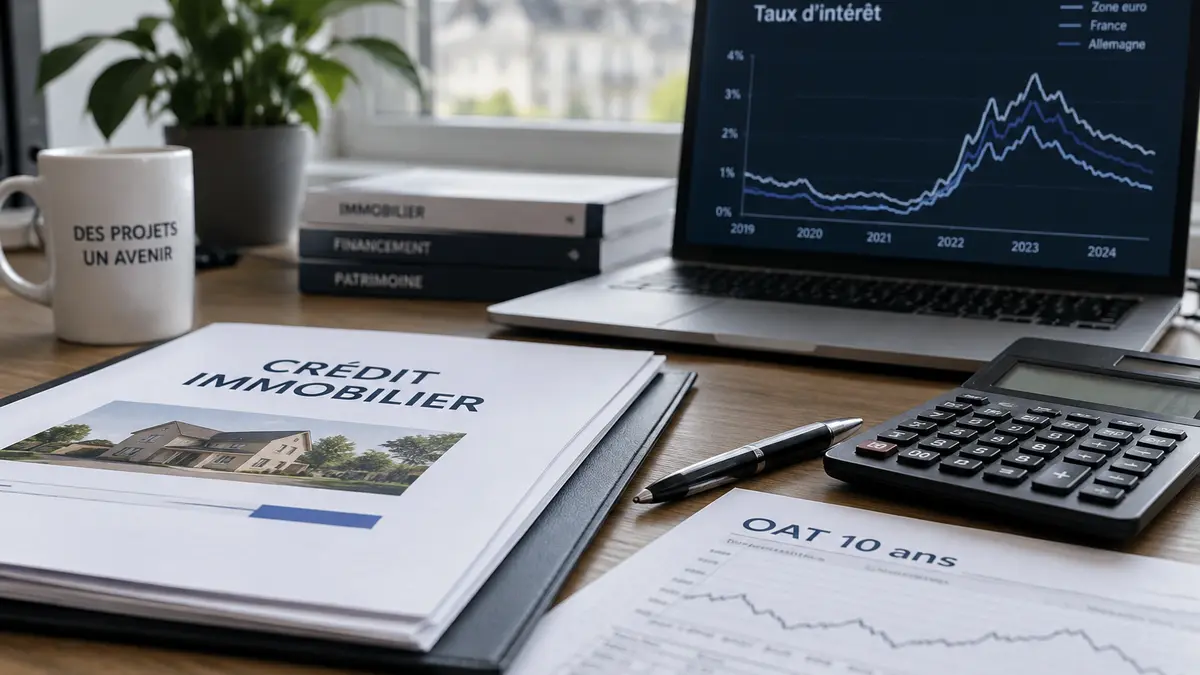 Dossier de prêt immobilier et calculatrice, avec un graphique de taux en arrière-plan