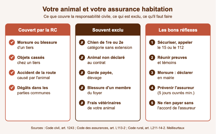 Infographie : morsures et dégâts couverts par la responsabilité civile habitation, exclusions fréquentes et bons réflexes