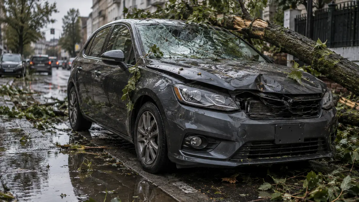 Voiture endommag&eacute;e apr&egrave;s une temp&ecirc;te et des inondations