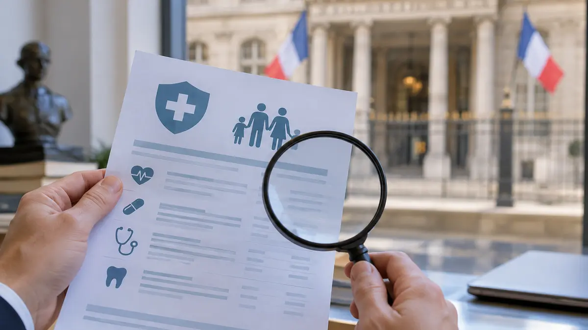 Document de mutuelle sant&eacute; et loupe, Conseil constitutionnel en arri&egrave;re-plan flou