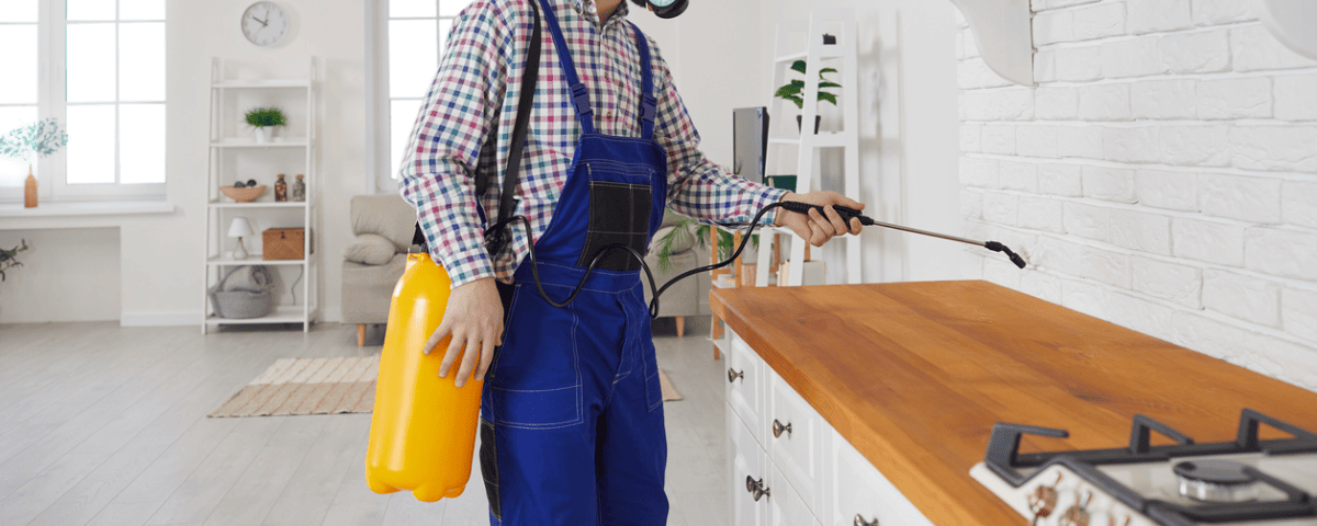 Travailleur d&rsquo;un service de lutte antiparasitaire pulv&eacute;risant un insecticide &agrave; l&rsquo;int&eacute;rieur d&rsquo;une maison ou d&rsquo;un appartement
