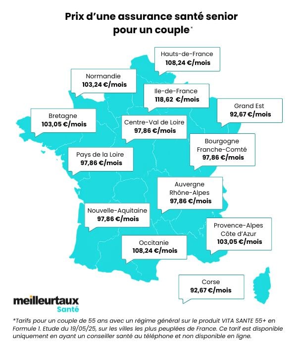 Carte des tarifs de mutuelle pour un couple de sénior en France