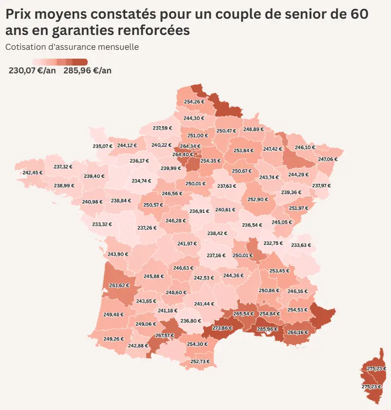 Carte des prix moyens de la complémentaire santé par département pour un couple de 60 ans en garanties renforcées