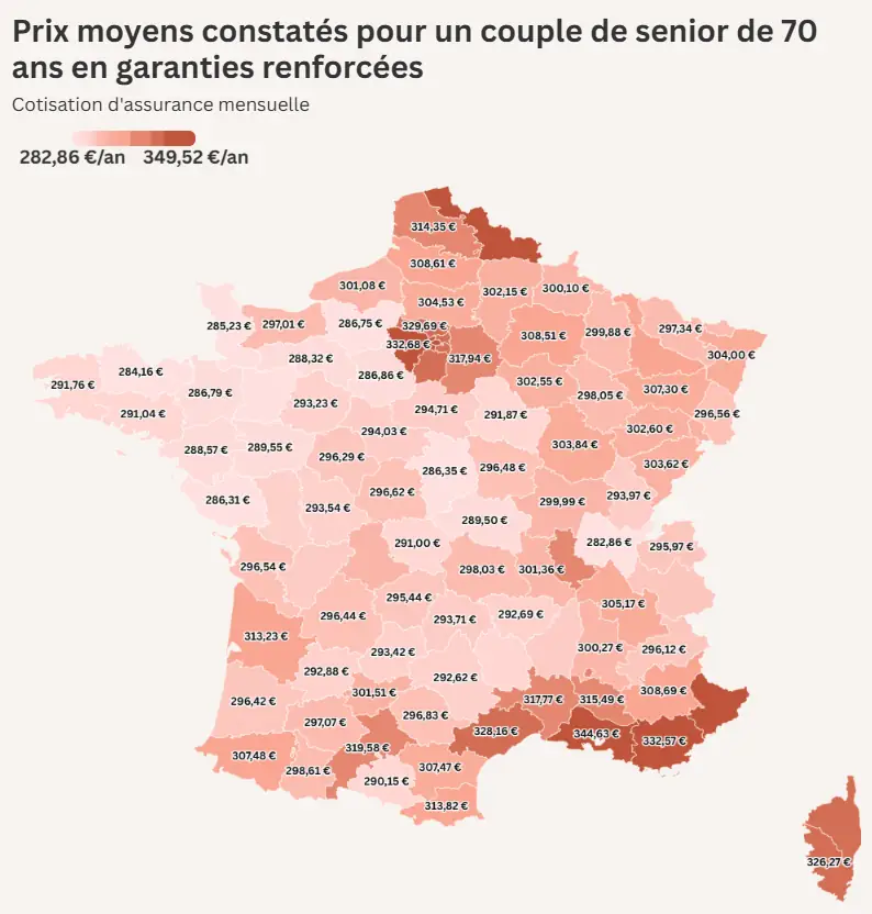 Carte des prix moyens de la complémentaire santé par département pour un couple de 70 ans en garanties renforcées
