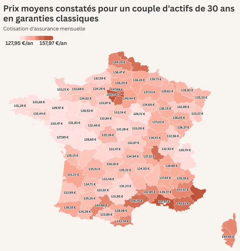 Carte des prix moyens de la complémentaire santé par département pour une famille en garanties classiques