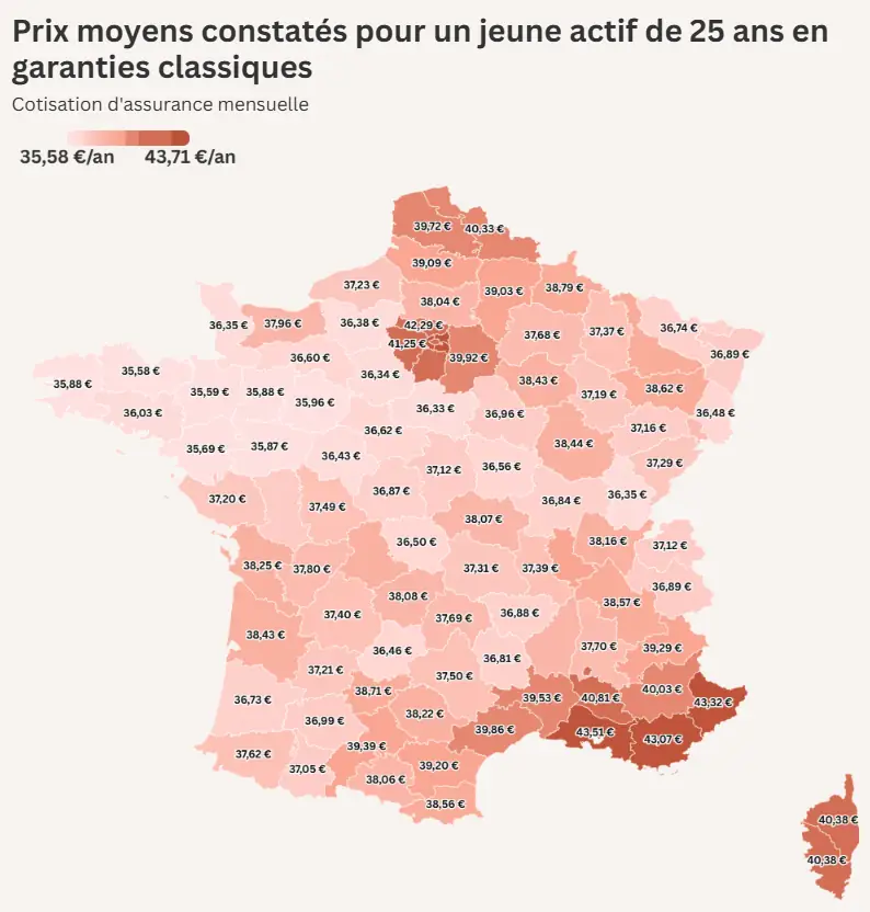 Carte des prix moyens de la complémentaire santé par département pour un jeune actif de 25 ans en garanties classiques